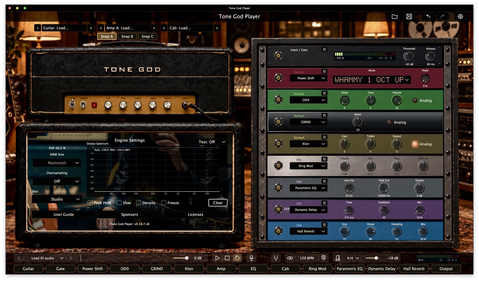 TONE GOD Player v0.18.7 的實際效果器機櫃畫面