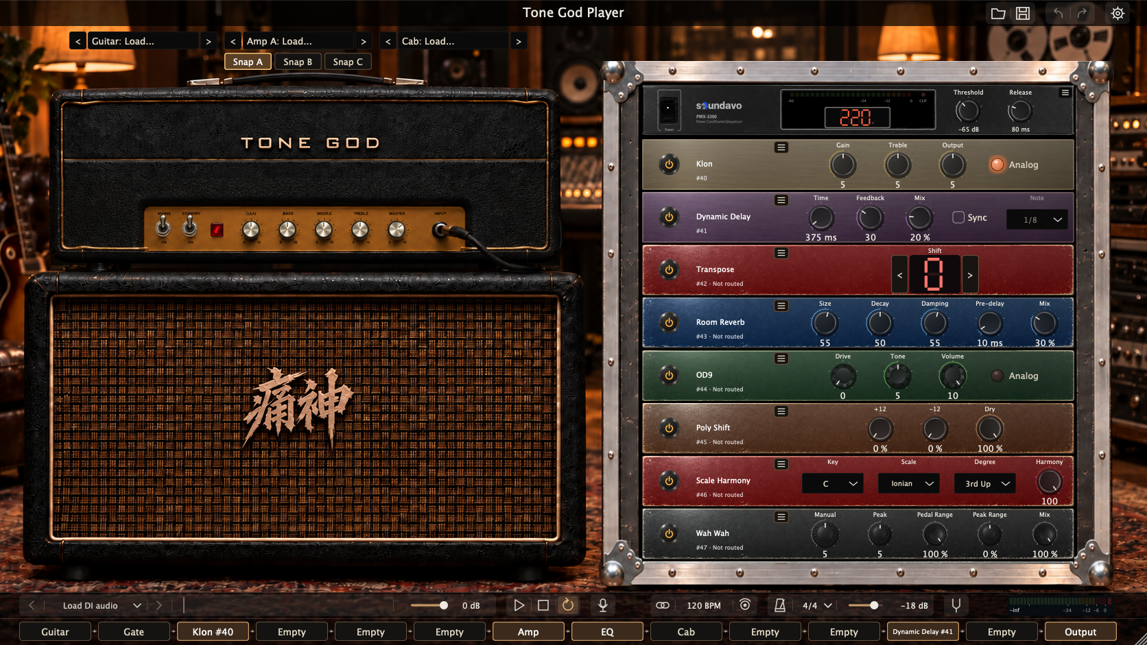 TONE GOD Player 的黑金音箱、效果器機櫃與底部音訊路由介面